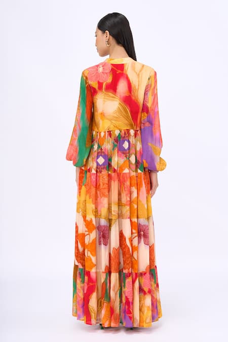 Shop_Siddhartha Bansal_Multi Color Crepe, Cotton Mandarin Collar Elisa Floral Print Dress _at_Aza_Fashions