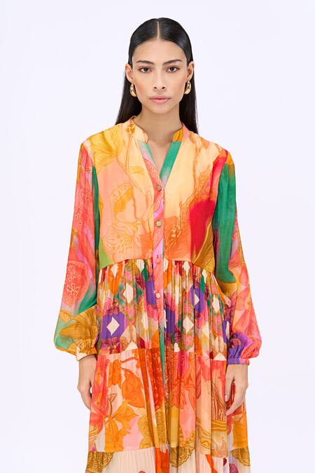 Siddhartha Bansal_Multi Color Crepe, Cotton Mandarin Collar Elisa Floral Print Dress _Online_at_Aza_Fashions