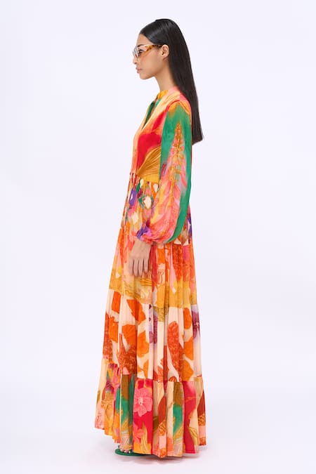 Buy_Siddhartha Bansal_Multi Color Crepe, Cotton Mandarin Collar Elisa Floral Print Dress _Online_at_Aza_Fashions