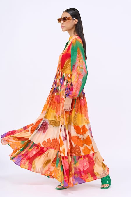 Shop_Siddhartha Bansal_Multi Color Crepe, Cotton Mandarin Collar Elisa Floral Print Dress _Online_at_Aza_Fashions