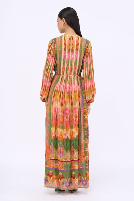 Shop_Siddhartha Bansal_Multi Color Crepe Printed Engineered Floral Round Kashmir Kaftan Dress _at_Aza_Fashions