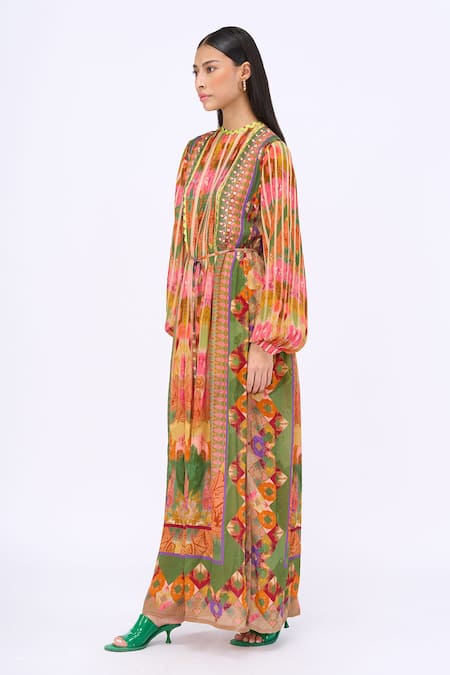 Siddhartha Bansal_Multi Color Crepe Printed Engineered Floral Round Kashmir Kaftan Dress _Online_at_Aza_Fashions