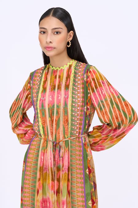 Buy_Siddhartha Bansal_Multi Color Crepe Printed Engineered Floral Round Kashmir Kaftan Dress _Online_at_Aza_Fashions