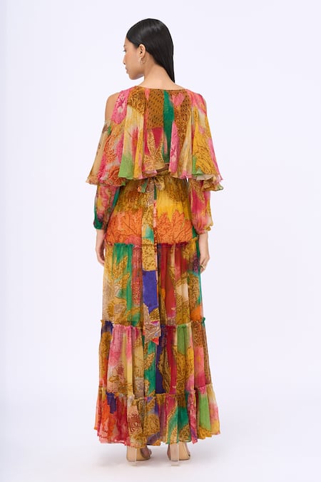Shop_Siddhartha Bansal_Multi Color Crepe Printed Honeycomb V Neck Carnival Dress _at_Aza_Fashions