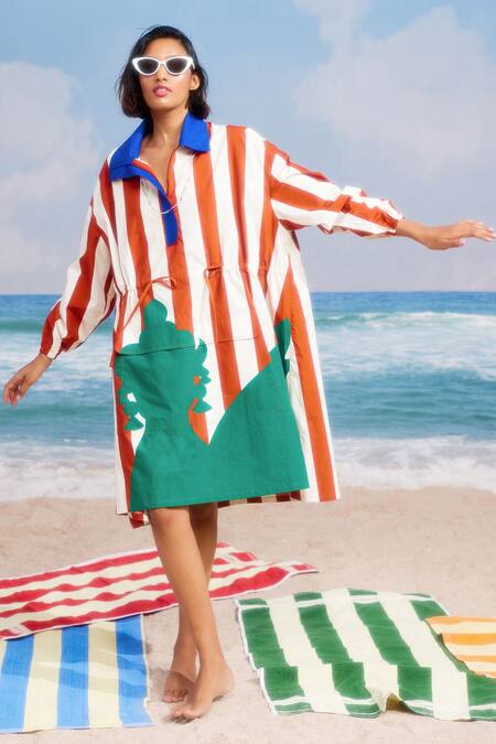 Shop_Siddhartha Bansal_Multi Color Poplin Printed Stripe Collar Candy Crush Pullover Dress _at_Aza_Fashions