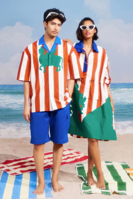 Buy_Siddhartha Bansal_Multi Color Poplin Printed Stripe Collar Candy Crush Pullover Dress _Online_at_Aza_Fashions