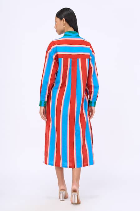 Shop_Siddhartha Bansal_Blue Linen Silk Printed Caban Stripe Sailor Collar Spicy Affair Dress _at_Aza_Fashions