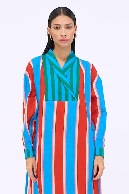 Siddhartha Bansal_Blue Linen Silk Printed Caban Stripe Sailor Collar Spicy Affair Dress _Online_at_Aza_Fashions