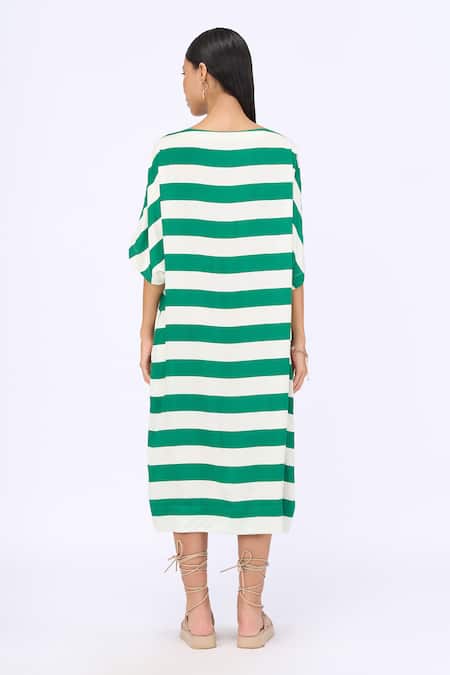 Shop Siddhartha Bansal Green Modal Satin Printed Stripe Boat Neck Cabana Dress at Aza Fashions Shop_Siddhartha Bansal_Green Modal Satin Printed Stripe Boat Neck Cabana Dress _at_Aza_Fashions