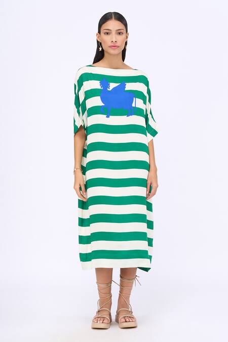 Siddhartha Bansal Green Modal Satin Printed Stripe Boat Neck Cabana Dress Online at Aza Fashions Siddhartha Bansal_Green Modal Satin Printed Stripe Boat Neck Cabana Dress _Online_at_Aza_Fashions