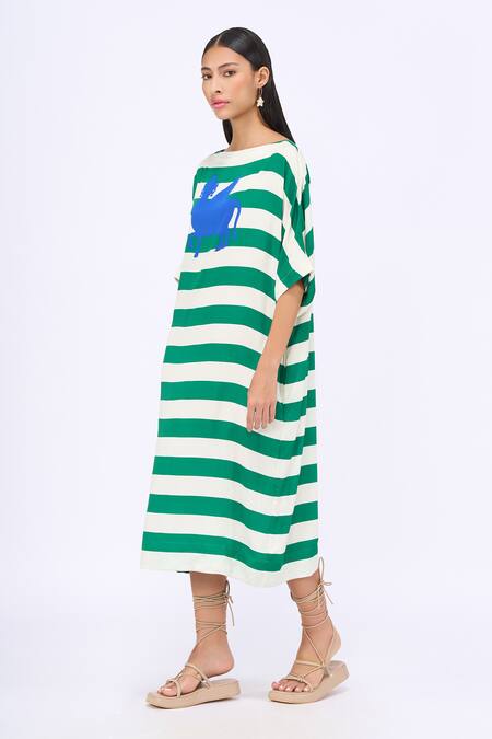 Buy Siddhartha Bansal Green Modal Satin Printed Stripe Boat Neck Cabana Dress Online at Aza Fashions Buy_Siddhartha Bansal_Green Modal Satin Printed Stripe Boat Neck Cabana Dress _Online_at_Aza_Fashions