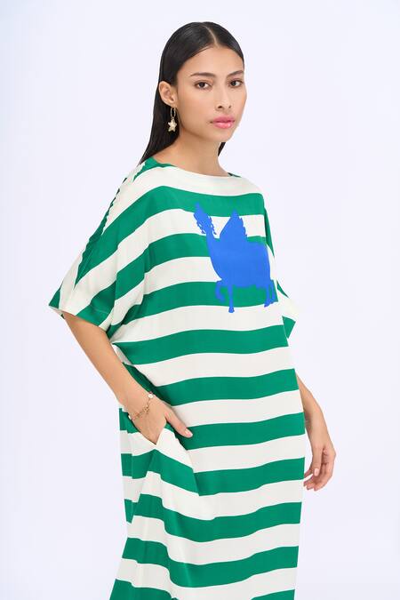 Shop Siddhartha Bansal Green Modal Satin Printed Stripe Boat Neck Cabana Dress Online at Aza Fashions Shop_Siddhartha Bansal_Green Modal Satin Printed Stripe Boat Neck Cabana Dress _Online_at_Aza_Fashions