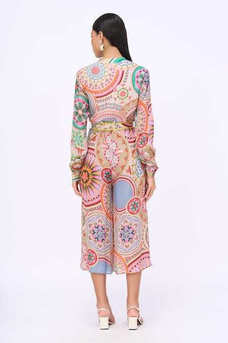 Shop_Siddhartha Bansal_Pink Crepe Printed Dream Catcher Mandarin Collar Jumpsuit With Belt _at_Aza_Fashions