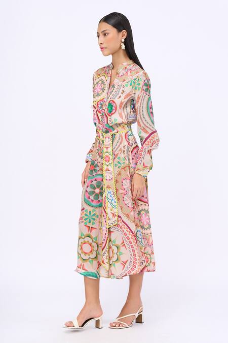 Siddhartha Bansal_Pink Crepe Printed Dream Catcher Mandarin Collar Jumpsuit With Belt _Online_at_Aza_Fashions