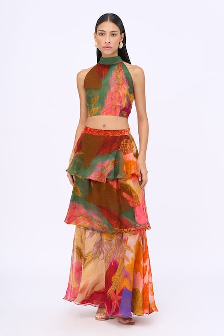 Siddhartha Bansal_Multi Color Top Silk Organza Printed Floral Halter Free Fallin And Skirt Set _Online_at_Aza_Fashions