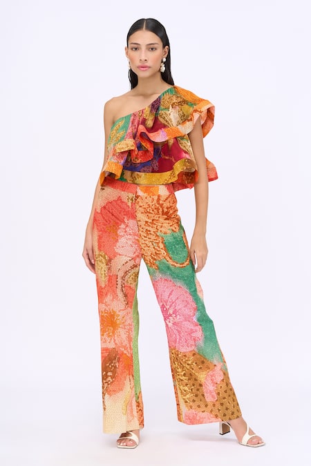 Siddhartha Bansal Flame Printed Ruffle Top & Bell Bottom Pant Set 