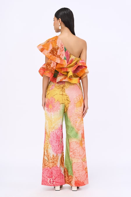 Shop_Siddhartha Bansal_Multi Color Top Chiffon Crepe Printed Flame Ruffle And Bell Bottom Pant Set _at_Aza_Fashions