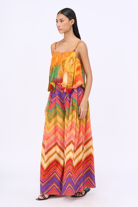 Siddhartha Bansal Multi Color Top Crepe Printed Floral Square Neck Chevron And Pant Set Online at Aza Fashions Siddhartha Bansal_Multi Color Top Crepe Printed Floral Square Neck Chevron And Pant Set _Online_at_Aza_Fashions