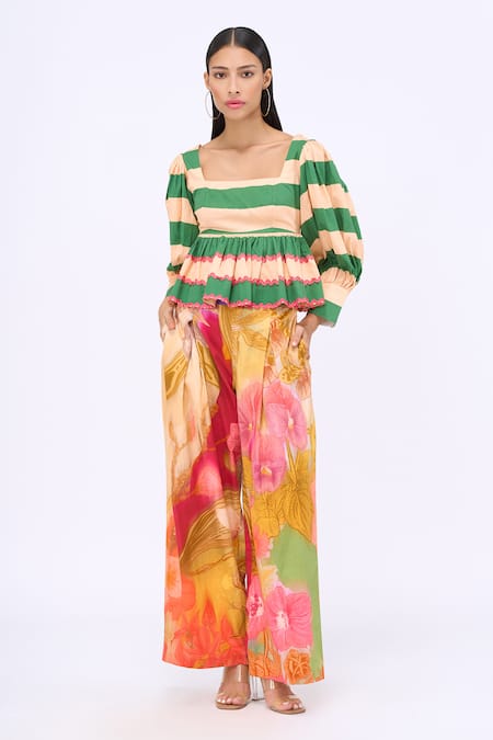 Siddhartha Bansal Cabana Stripe Print Peplum Top & Pant Set 