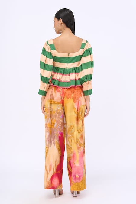 Shop_Siddhartha Bansal_Multi Color Top Cotton Poplin Printed Cabana Stripe Square Peplum And Pant Set _at_Aza_Fashions