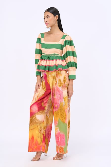 Siddhartha Bansal_Multi Color Top Cotton Poplin Printed Cabana Stripe Square Peplum And Pant Set _Online_at_Aza_Fashions