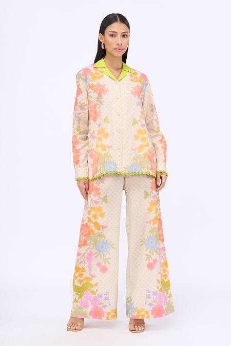 Siddhartha Bansal White Linen Printed Floral Collar Pearl Radiance Shirt And Pant Set Online at Aza Fashions Siddhartha Bansal_White Linen Printed Floral Collar Pearl Radiance Shirt And Pant Set _Online_at_Aza_Fashions