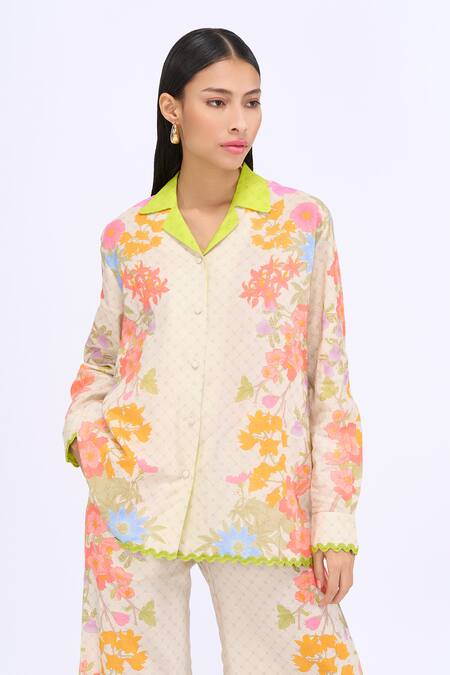 Shop Siddhartha Bansal White Linen Printed Floral Collar Pearl Radiance Shirt And Pant Set Online at Aza Fashions Shop_Siddhartha Bansal_White Linen Printed Floral Collar Pearl Radiance Shirt And Pant Set _Online_at_Aza_Fashions