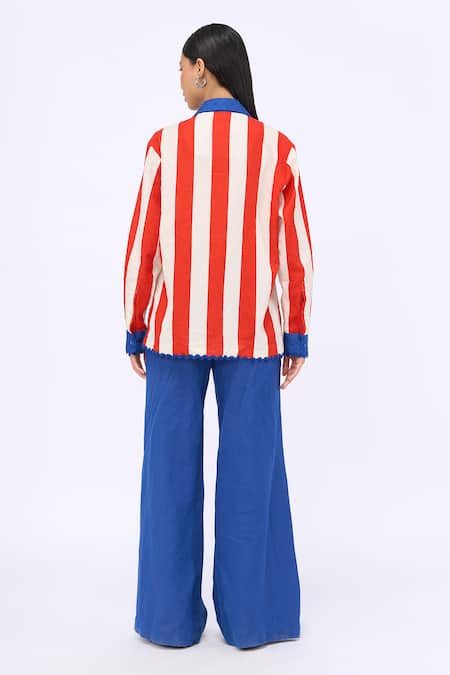 Shop_Siddhartha Bansal_Red Linen Printed Cabana Stripe Collar Holy Cow Pattern Shirt And Pant Set _at_Aza_Fashions