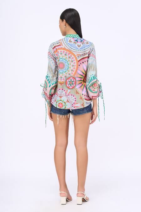 Shop_Siddhartha Bansal_Multi Color Cotton Poplin Printed Lotus Band Collar Boyfriend Shirt _at_Aza_Fashions