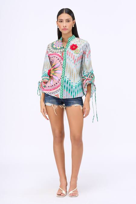 Siddhartha Bansal_Multi Color Cotton Poplin Printed Lotus Band Collar Boyfriend Shirt _Online_at_Aza_Fashions