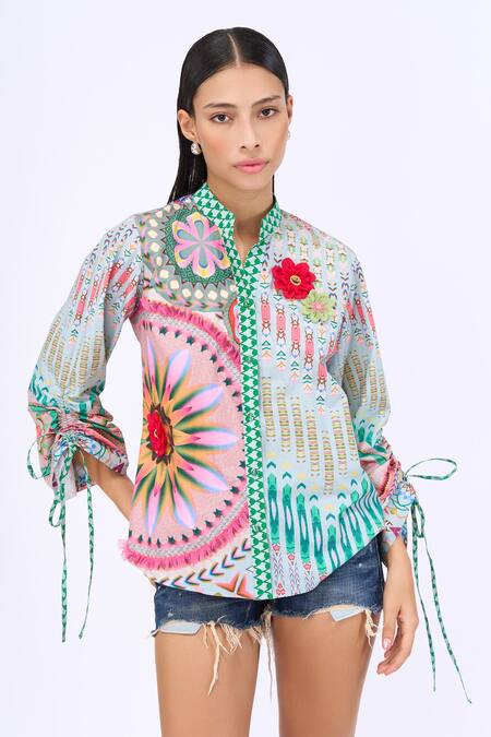 Shop_Siddhartha Bansal_Multi Color Cotton Poplin Printed Lotus Band Collar Boyfriend Shirt _Online_at_Aza_Fashions