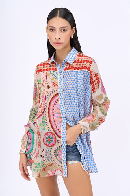 Buy Siddhartha Bansal Blue Crepe Printed Samsara Collar Tutti Shirt Online at Aza Fashions Buy_Siddhartha Bansal_Blue Crepe Printed Samsara Collar Tutti Shirt _Online_at_Aza_Fashions