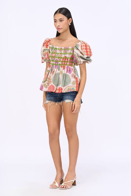 Siddhartha Bansal Multi Color Cotton Poplin Printed Kaleidoscopic Square Neck Poet Peplum Top Online at Aza Fashions Siddhartha Bansal_Multi Color Cotton Poplin Printed Kaleidoscopic Square Neck Poet Peplum Top _Online_at_Aza_Fashions