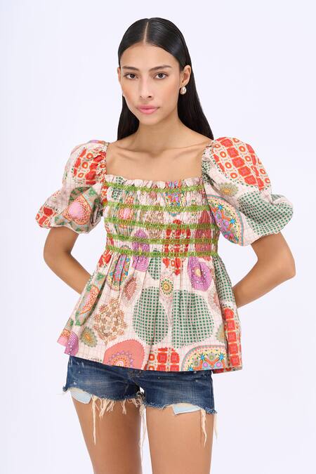 Buy Siddhartha Bansal Multi Color Cotton Poplin Printed Kaleidoscopic Square Neck Poet Peplum Top Online at Aza Fashions Buy_Siddhartha Bansal_Multi Color Cotton Poplin Printed Kaleidoscopic Square Neck Poet Peplum Top _Online_at_Aza_Fashions