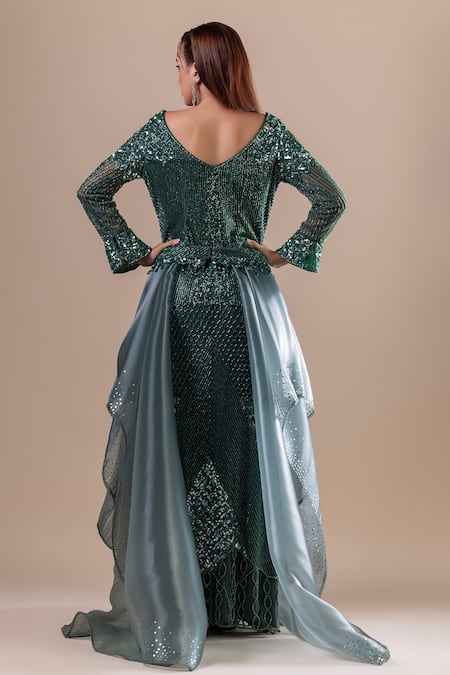 Shop Raj Arora Green Net Sequins, Cut Work V-neck Embroidered Gown at Aza Fashions Shop_Raj Arora_Green Net Sequins, Cut Work V-neck Embroidered Gown _at_Aza_Fashions