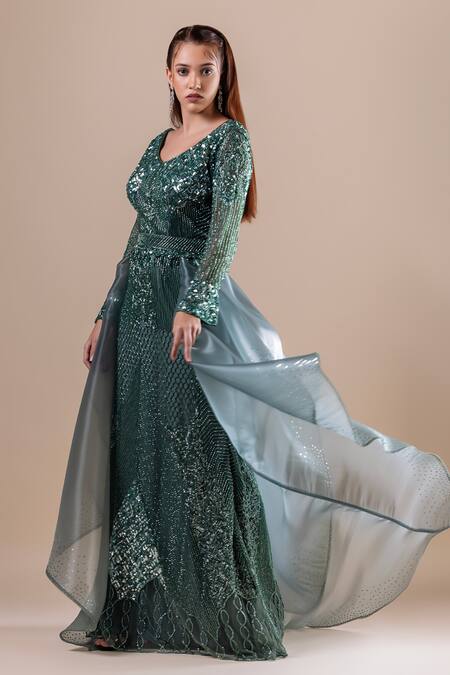 Raj Arora Green Net Sequins, Cut Work V-neck Embroidered Gown Online at Aza Fashions Raj Arora_Green Net Sequins, Cut Work V-neck Embroidered Gown _Online_at_Aza_Fashions