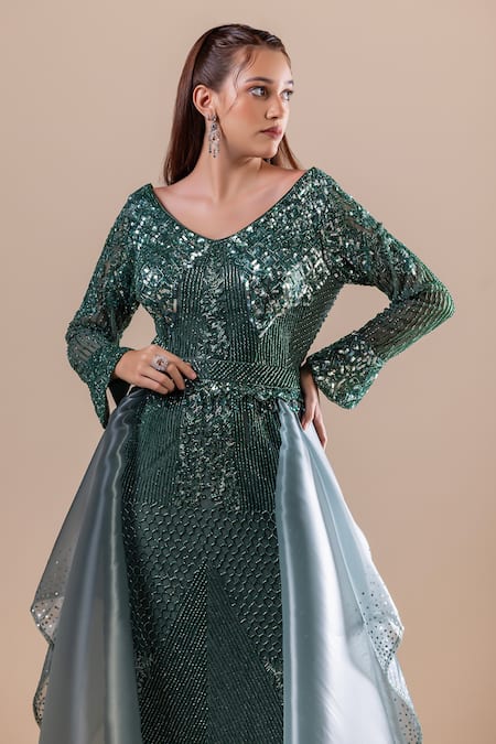 Buy Raj Arora Green Net Sequins, Cut Work V-neck Embroidered Gown Online at Aza Fashions Buy_Raj Arora_Green Net Sequins, Cut Work V-neck Embroidered Gown _Online_at_Aza_Fashions