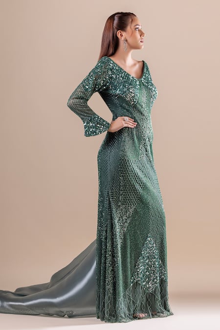 Shop Raj Arora Green Net Sequins, Cut Work V-neck Embroidered Gown Online at Aza Fashions Shop_Raj Arora_Green Net Sequins, Cut Work V-neck Embroidered Gown _Online_at_Aza_Fashions