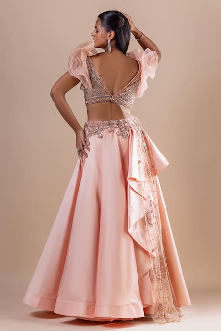 Shop_Raj Arora_Peach Silk Sequins, Cut Butti Embroidered Draped Lehenga With Cropped Blouse _at_Aza_Fashions