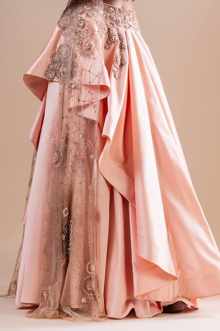 Raj Arora_Peach Silk Sequins, Cut Butti Embroidered Draped Lehenga With Cropped Blouse _Online_at_Aza_Fashions