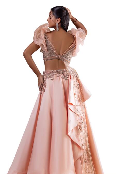 Buy_Raj Arora_Peach Silk Sequins, Cut Butti Embroidered Draped Lehenga With Cropped Blouse _Online_at_Aza_Fashions