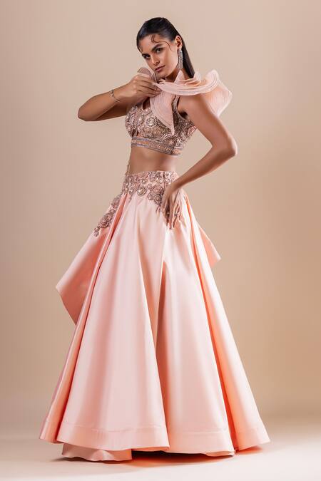 Shop_Raj Arora_Peach Silk Sequins, Cut Butti Embroidered Draped Lehenga With Cropped Blouse _Online_at_Aza_Fashions