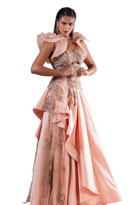 Raj Arora_Peach Silk Sequins, Cut Butti Embroidered Draped Lehenga With Cropped Blouse _at_Aza_Fashions