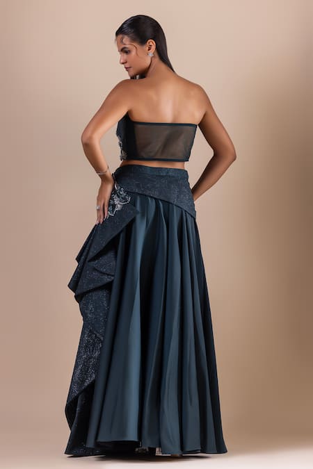 Shop Raj Arora Green Net, Acrylic Sequins Swarovski Embroidered Draped Lehenga And Blouse Set at Aza Fashions Shop_Raj Arora_Green Net, Acrylic Sequins Swarovski Embroidered Draped Lehenga And Blouse Set _at_Aza_Fashions