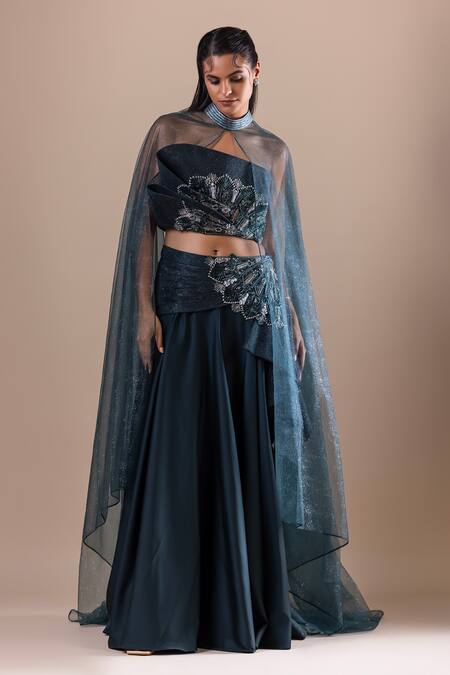 Raj Arora Green Net, Acrylic Sequins Swarovski Embroidered Draped Lehenga And Blouse Set Online at Aza Fashions Raj Arora_Green Net, Acrylic Sequins Swarovski Embroidered Draped Lehenga And Blouse Set _Online_at_Aza_Fashions
