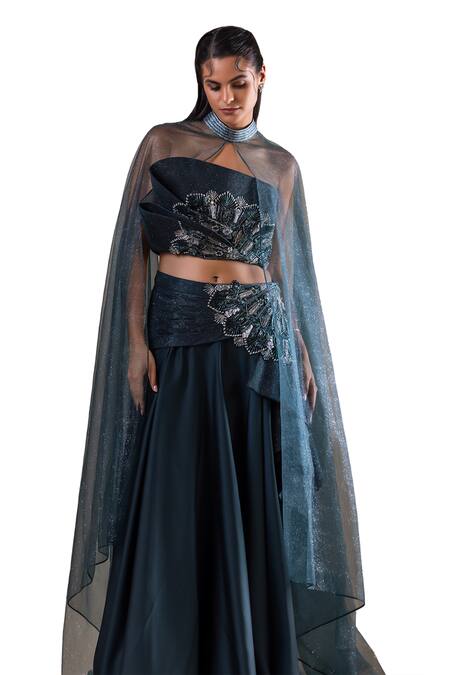 Buy Raj Arora Green Net, Acrylic Sequins Swarovski Embroidered Draped Lehenga And Blouse Set Online at Aza Fashions Buy_Raj Arora_Green Net, Acrylic Sequins Swarovski Embroidered Draped Lehenga And Blouse Set _Online_at_Aza_Fashions