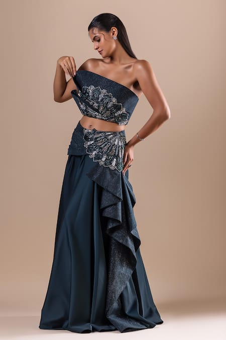 Shop Raj Arora Green Net, Acrylic Sequins Swarovski Embroidered Draped Lehenga And Blouse Set Online at Aza Fashions Shop_Raj Arora_Green Net, Acrylic Sequins Swarovski Embroidered Draped Lehenga And Blouse Set _Online_at_Aza_Fashions