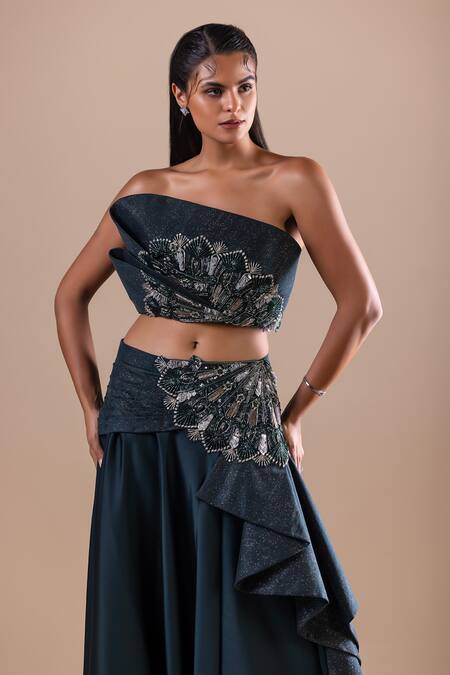 Buy Raj Arora Green Net, Acrylic Sequins Swarovski Embroidered Draped Lehenga And Blouse Set Buy_Raj Arora_Green Net, Acrylic Sequins Swarovski Embroidered Draped Lehenga And Blouse Set