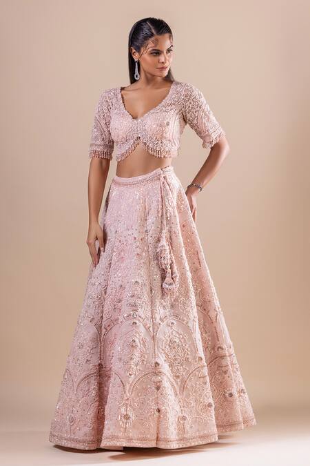 Raj Arora_Pink Silk Sequins, Crystals, Embroidery V-neck Swarovski Lehenga Set _Online_at_Aza_Fashions