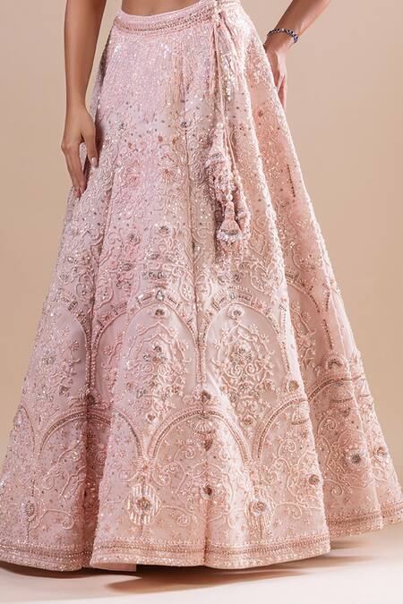 Buy_Raj Arora_Pink Silk Sequins, Crystals, Embroidery V-neck Swarovski Lehenga Set _Online_at_Aza_Fashions